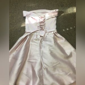 Blush pink off the shoulder dress.